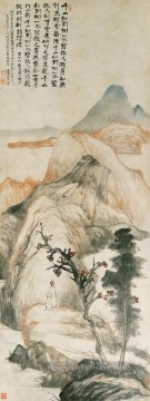 Arbre rouge Shitao dans les montagnes chinoises traditionnelles Peinture à l'huile